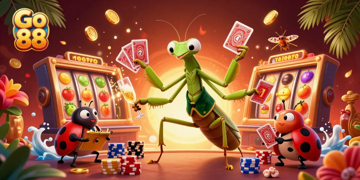Experience gaming excitement with Go 88's vibrant casino scene filled with winning slots and dynamic characters.