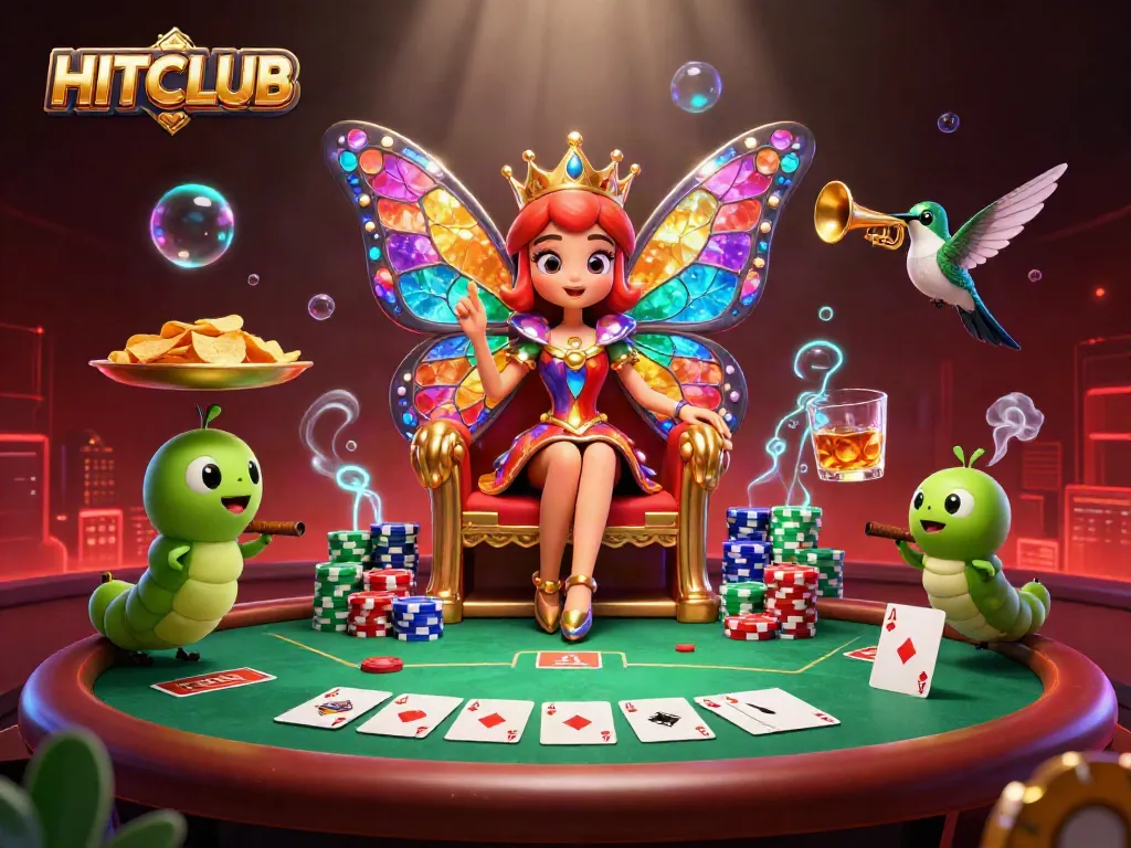 Experience the vibrant HITCLUB casino scene with a butterfly queen, poker chips, and colorful lights.