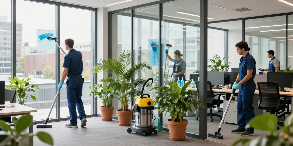 gebäudereinigung düsseldorf - Professionelles Reinigungsteam bei der Arbeit in einem modernen Büro.