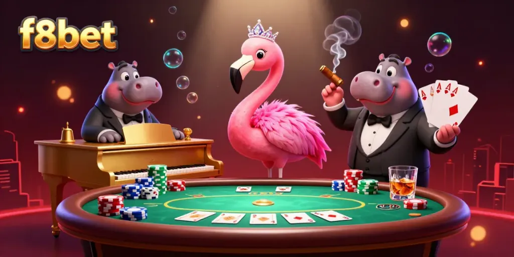 Watch the f8bet flamingo singer and hippo bassist in a lively casino scene full of poker action and vibrant colors.