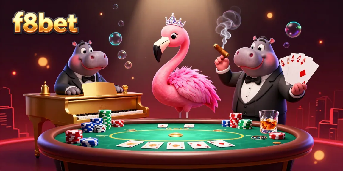 Watch the f8bet flamingo singer and hippo bassist in a lively casino scene full of poker action and vibrant colors.