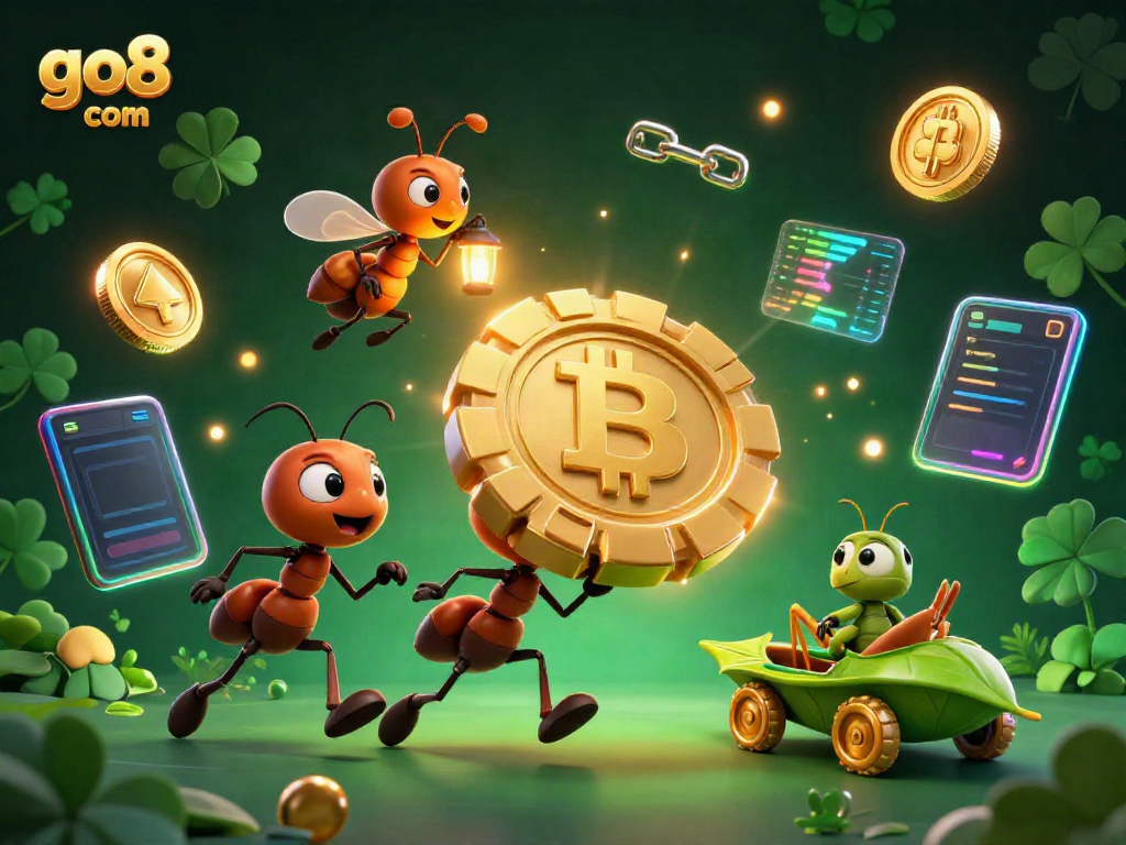 Experience wins at go8 com with a dynamic illustration of ants heisting a giant poker chip amidst vibrant gambling elements.