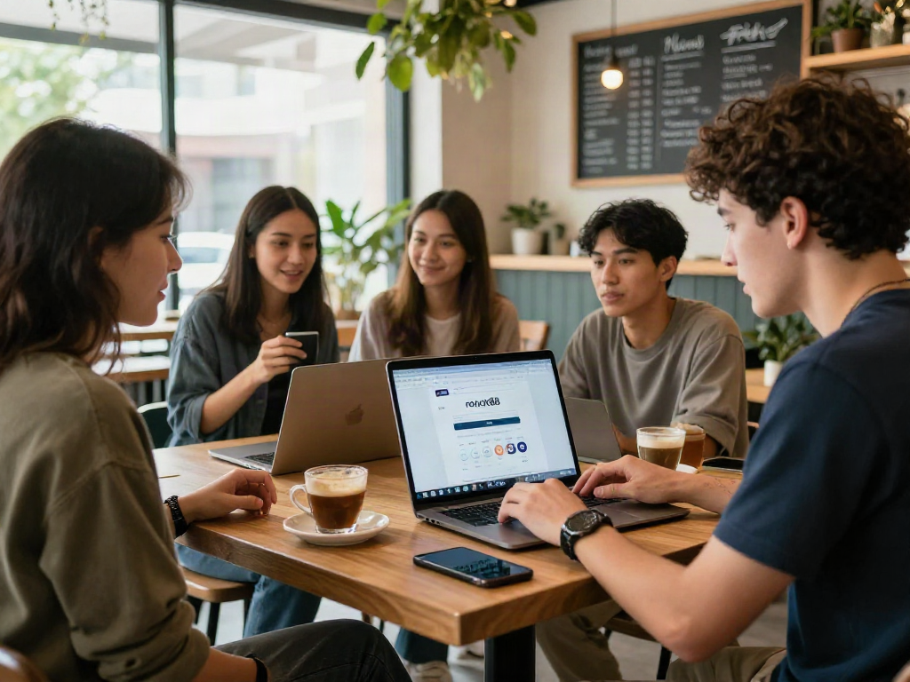 Young adults casually networking in a café, logging into rokok88 login on their laptops amidst a vibrant atmosphere.