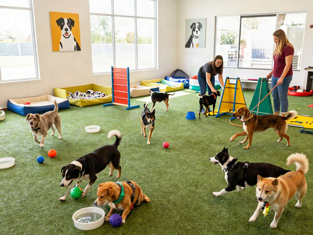 Dogs playing in a lively doggy daycare, promoting depo 10k services with fun and care.