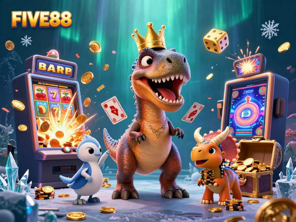 Experience excitement at FIVE88 with a friendly T-Rex, pterodactyl, and baby triceratops amidst a jackpot explosion.