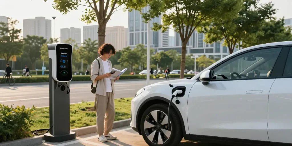 Person reading about 7meter vehicles at an electric car charging station