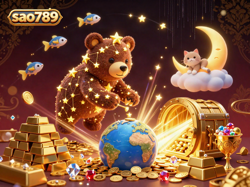 Scoop up rewards at sao789 with a stellar casino scene featuring enchanting characters and wealth.