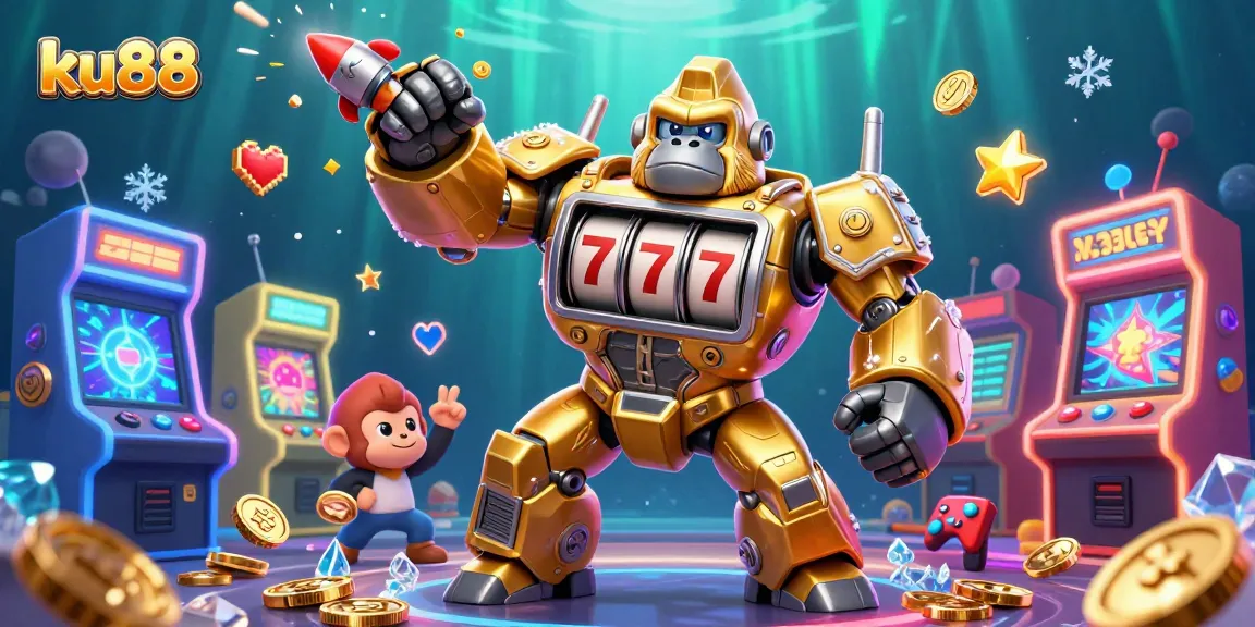 Unleash exciting ku88 strategies with an ultra-detailed 3D illustration showcasing a golden gorilla mech and vibrant game elements.