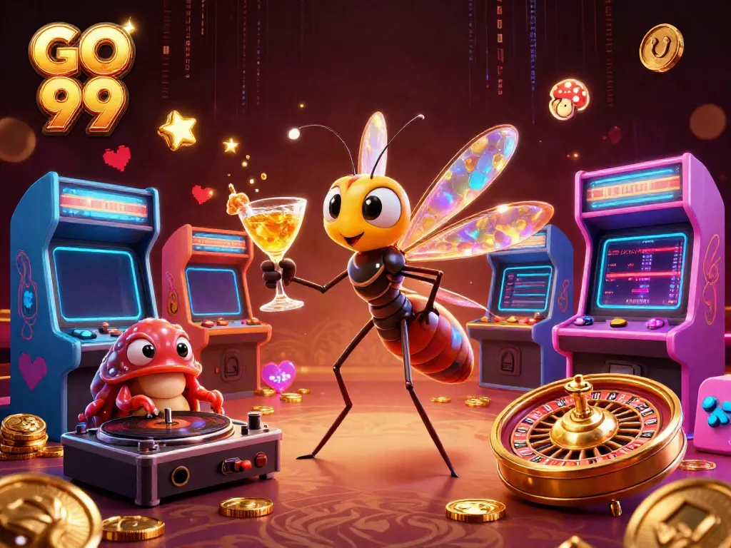 Experience GO 99's vibrant atmosphere with a lively 3D casino scene showcasing unique characters.
