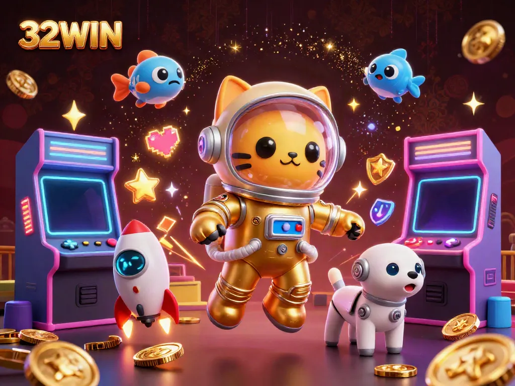 Engage with the 32WIN casino adventure featuring a golden space cat, robot dog, and vibrant arcade themes.
