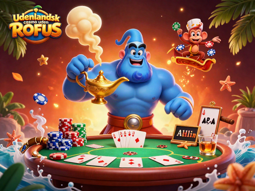 Experience the excitement of udenlandsk casino uden ROFUS with a vibrant illustration of a genie, poker chips, and card elements.