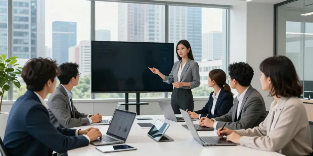 Reunión corporativa de BBVA Empresas con equipo diverso colaborando y presentando datos estratégicos en una oficina moderna.
