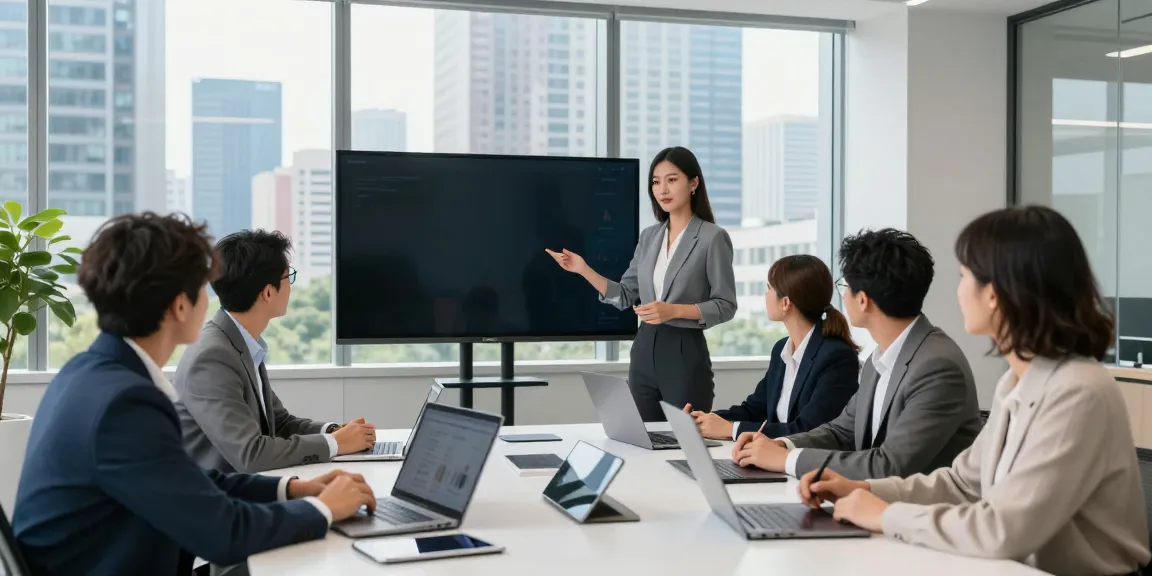 Reunión corporativa de BBVA Empresas con equipo diverso colaborando y presentando datos estratégicos en una oficina moderna.