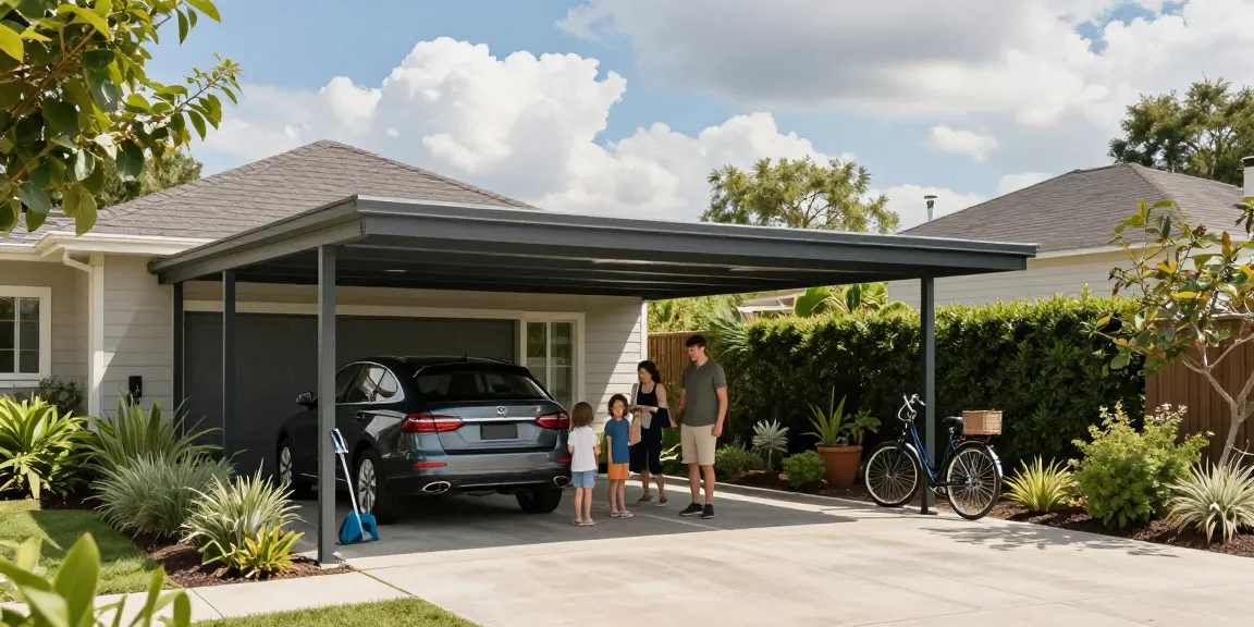 Moderne Carport-Konstruktion mit Familie, die ein Auto parkt, umgeben von grünem Garten.