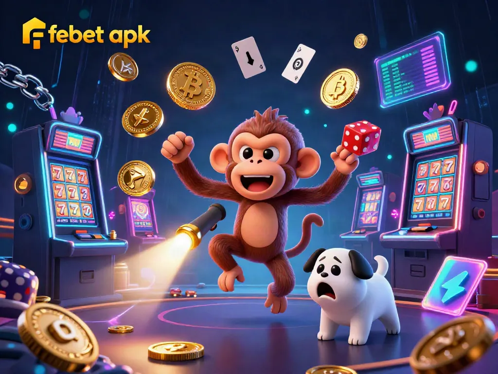 Experience the thrills of the febet apk with an enchanting haunted casino scene featuring a mischievous monkey and a curious puppy.