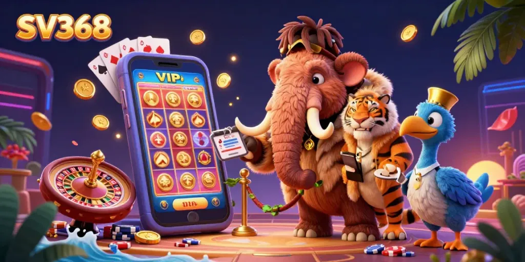 Experience SV368's vibrant casino scene with a woolly mammoth checking IDs, a saber-tooth tiger, and dynamic gaming elements.