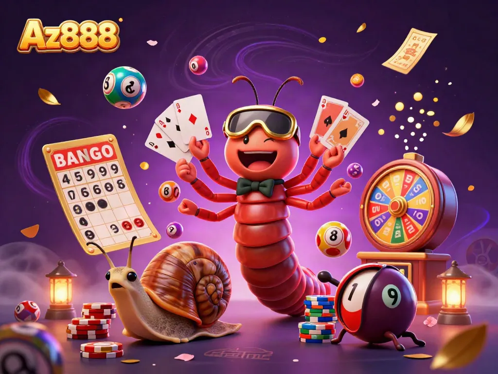 Experience the thrilling Az888 atmosphere with a dynamic 3D casino scene featuring dealer characters and vibrant gaming elements.