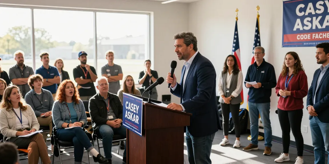 Casey Askar at a campaign rally engaging diverse audience with passionate speech.