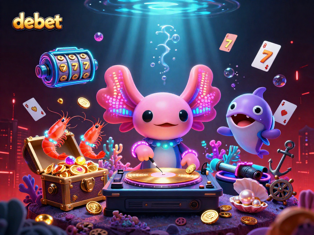 Engage with debet's vibrant underwater casino scene featuring exciting slot reels and animated characters.