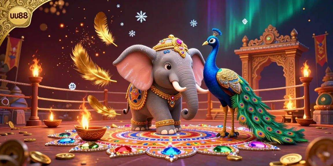 Experience the vibrant uu88 atmosphere with a Diwali-themed elephant and peacock in a rich gambling scene.