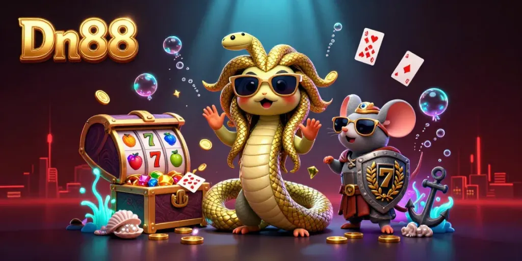Join Dn88 in a lively casino scene filled with gold coins and engaging game elements.