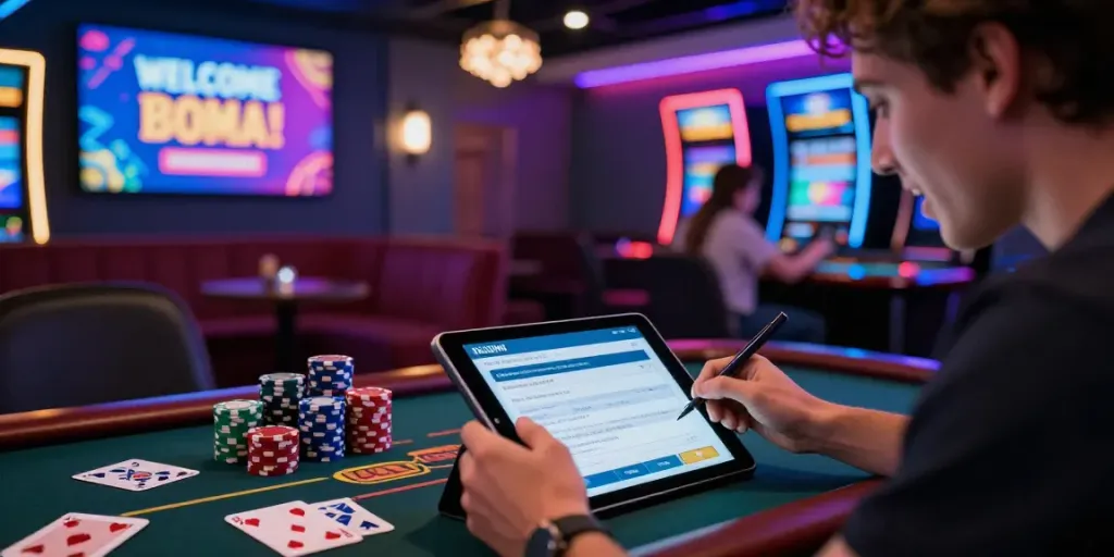 Leitfaden zum vollständigen Casino-Registrierungsprozess mit einem Spieler im modernen Gaming-Lounge.