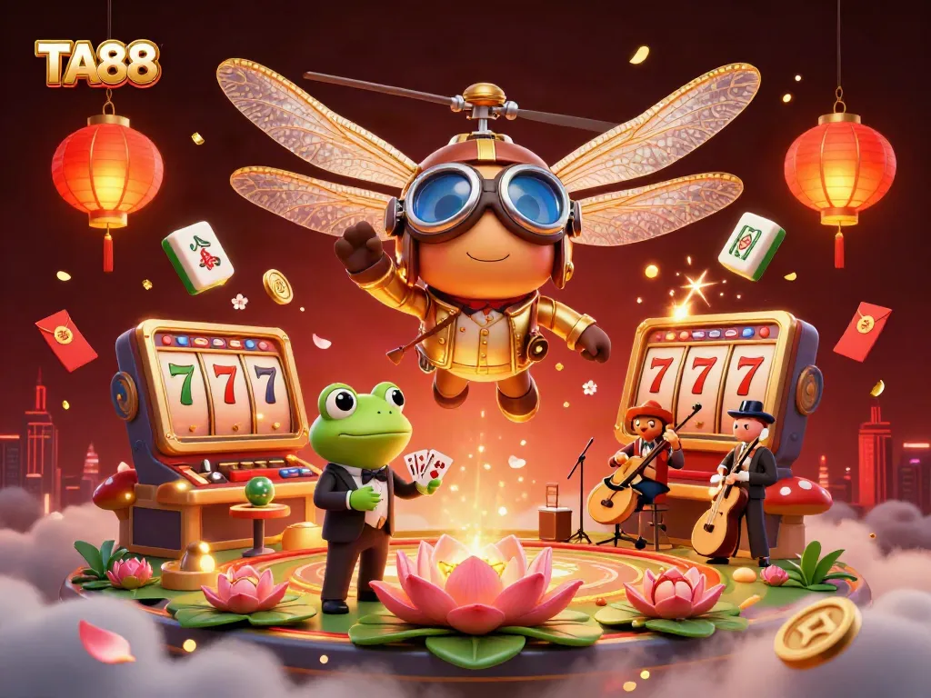 Experience the magic of TA88 as the dragonfly pilot navigates a vibrant lily pad casino scene amidst enchanting games and festive elements.