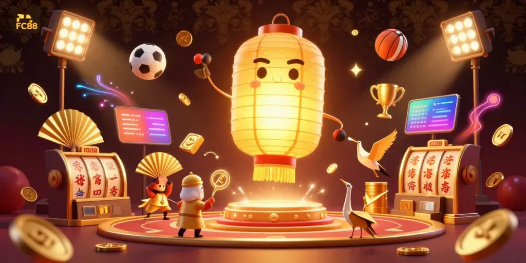 Experience vibrant excitement at FC88 casino with a golden lantern spirit illuminating a bustling gaming scene.