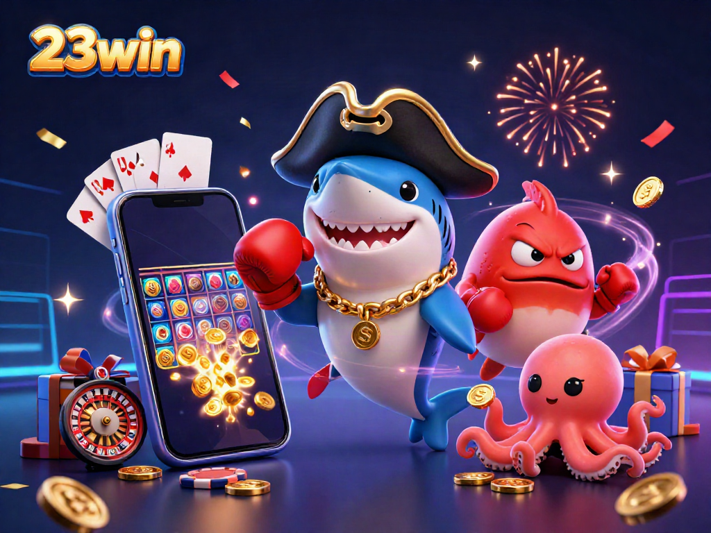 Experience the thrilling 23win gaming scene with vibrant characters and explosive casino elements.