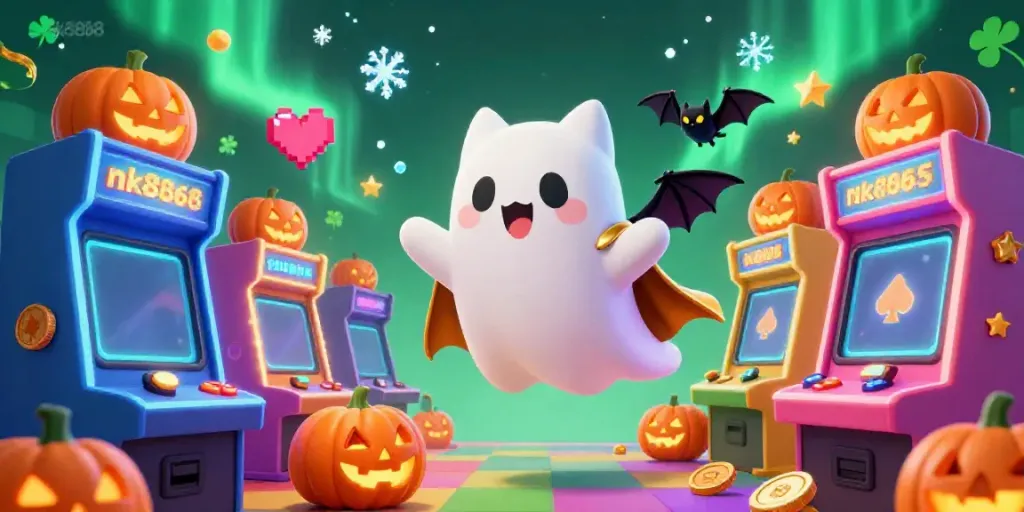 Experience the thrill at nk8868 casino with a playful ghost cat and bat in a vibrant gaming scene.