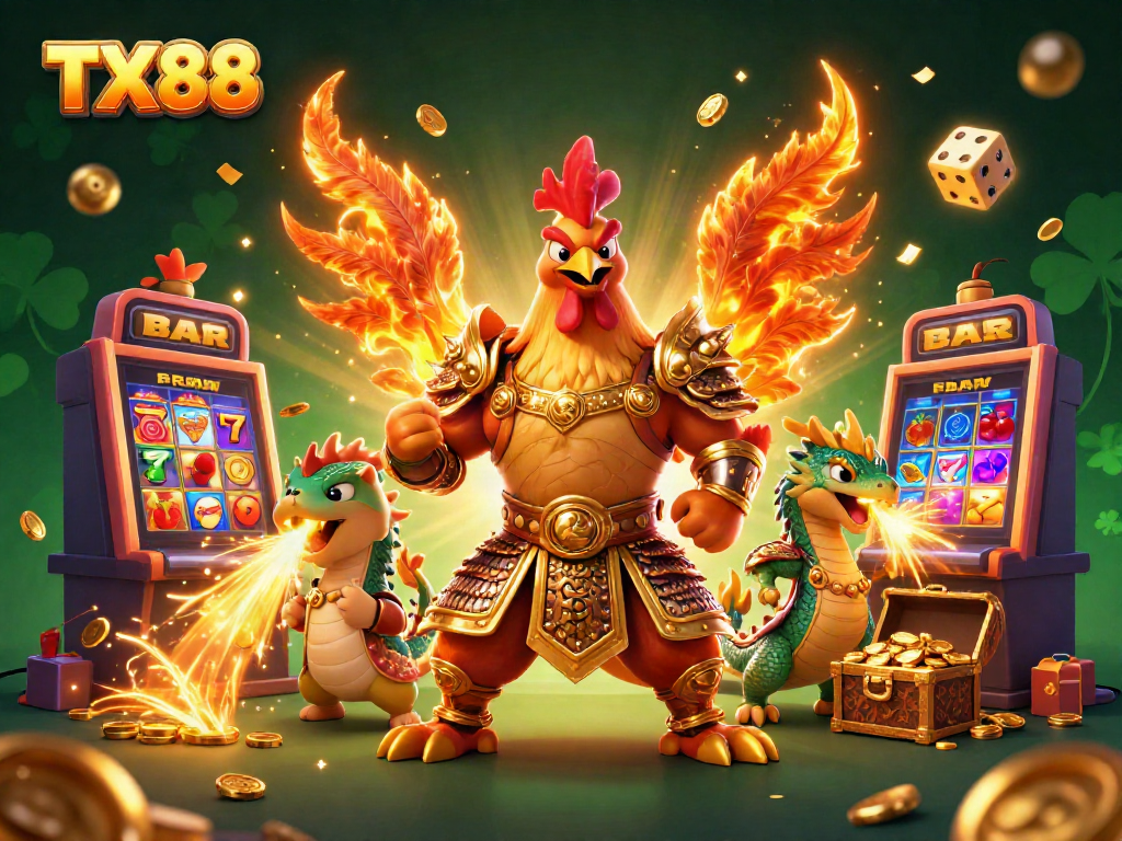 Engaging scene of TX88 with a fighting rooster and dragon celebrating casino wins with vibrant game elements.