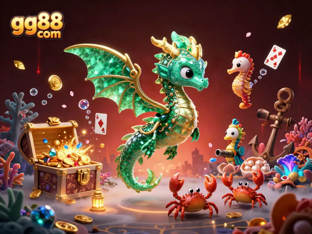 Engage with exciting treasures and games at gg88 com featuring a whimsical sea dragon and vibrant underwater scenes.
