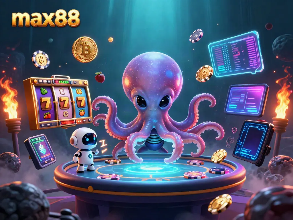 Experience thrilling excitement in max88 with an alien octopus managing holographic poker elements.