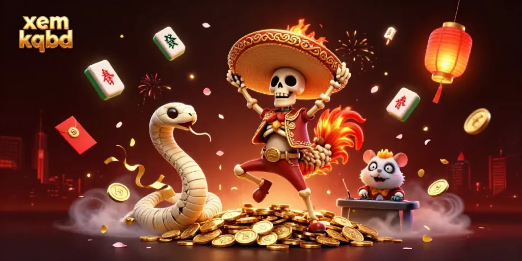 Engage with xem kqbd results through a vibrant, festive scene featuring animated characters celebrating wins, rich in detail, and casino elements.