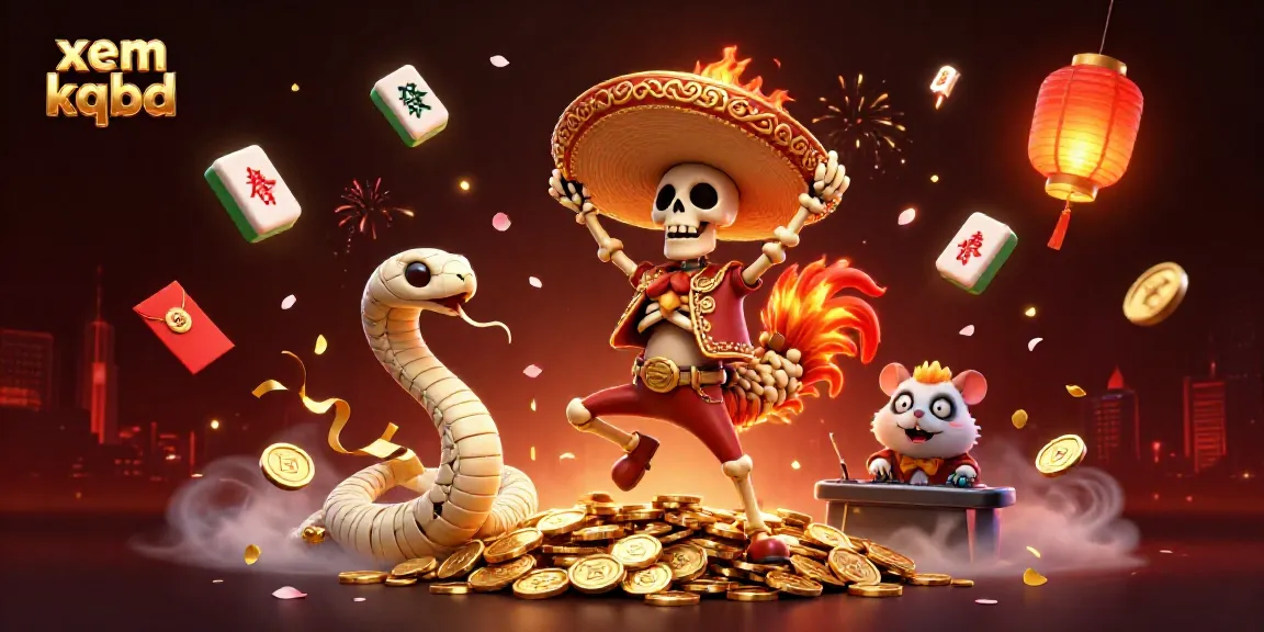 Engage with xem kqbd results through a vibrant, festive scene featuring animated characters celebrating wins, rich in detail, and casino elements.