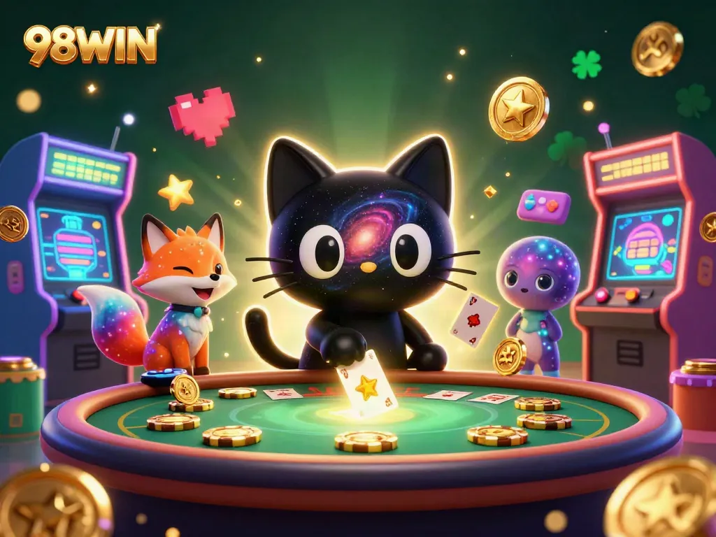 Win big at 98WIN featuring a black hole cat and colorful gaming elements at a cosmic casino.