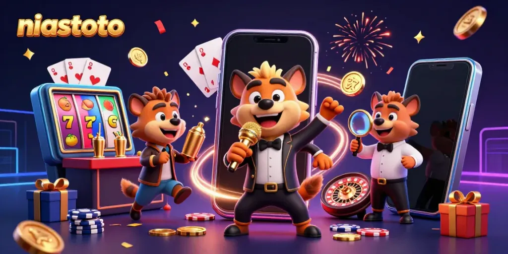 NIASTOTO hyenas entertaining at a comedic casino scene with dynamic gaming elements.