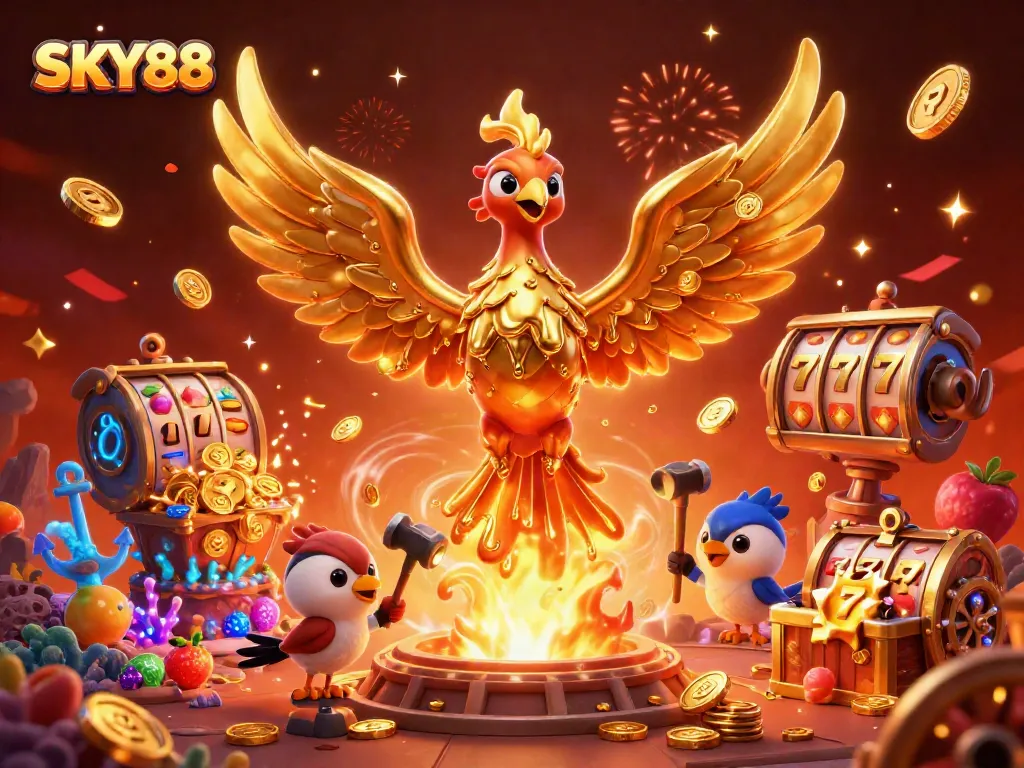 Experience the thrilling moments of SKY88 with a golden phoenix and dynamic casino elements celebrating a jackpot win.
