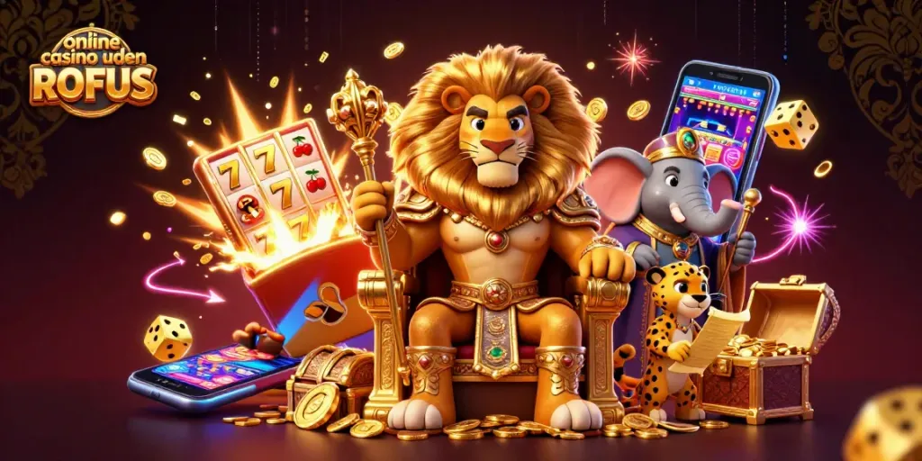 Experience excitement at online casino uden ROFUS with a dynamic 3D illustration featuring iconic characters and game elements.