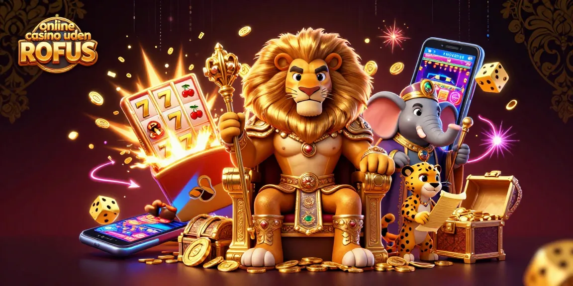 Experience excitement at online casino uden ROFUS with a dynamic 3D illustration featuring iconic characters and game elements.