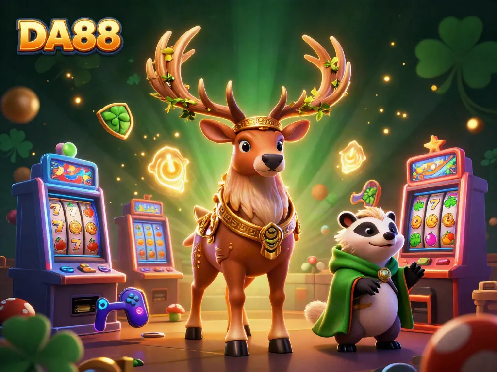 Engage with DA88's dynamic gaming scene featuring mythical characters amidst slot machines and golden treasures.