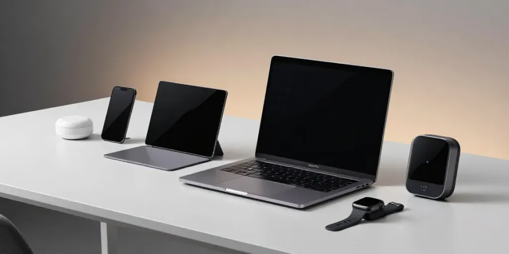 Gadgets und innovative Technologien in einer modernen Arbeitsumgebung. Softwareentwicklung und Cloud-Computing im Fokus.