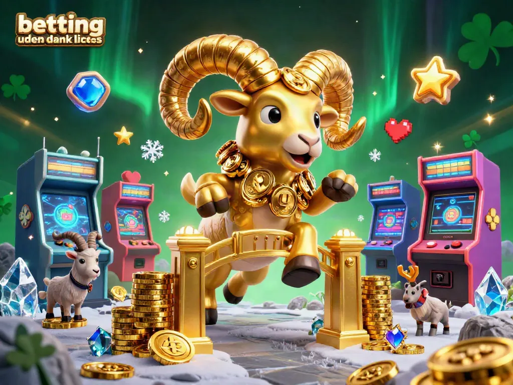 Experience thrilling sports betting uden dansk licens with animated golden ram charging past colorful slots and game elements.