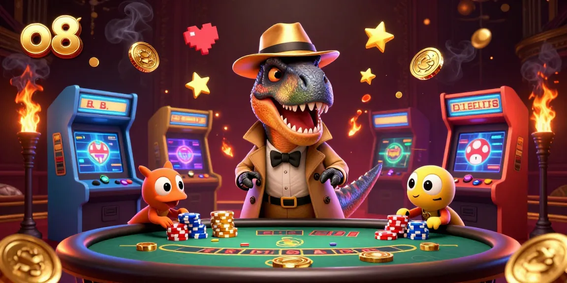 o8 casino features a sneaky velociraptor at blackjack as colorful arcade elements surround it.