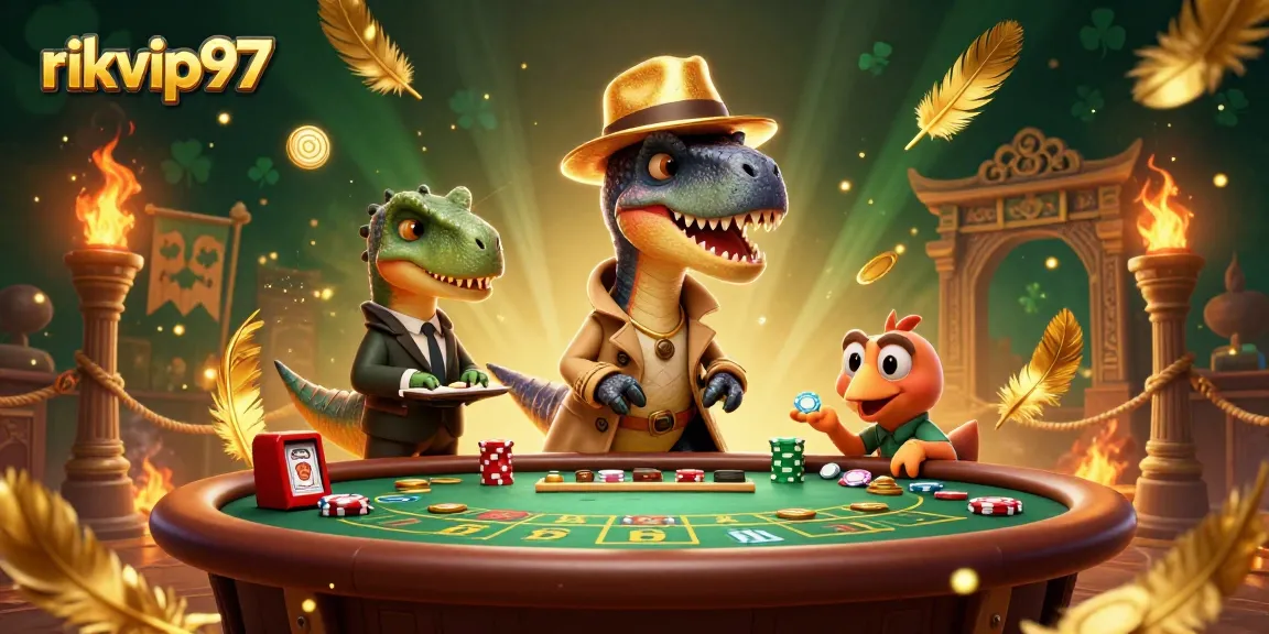 rikvip97 offers an immersive blackjack experience with animated dino characters at the table.
