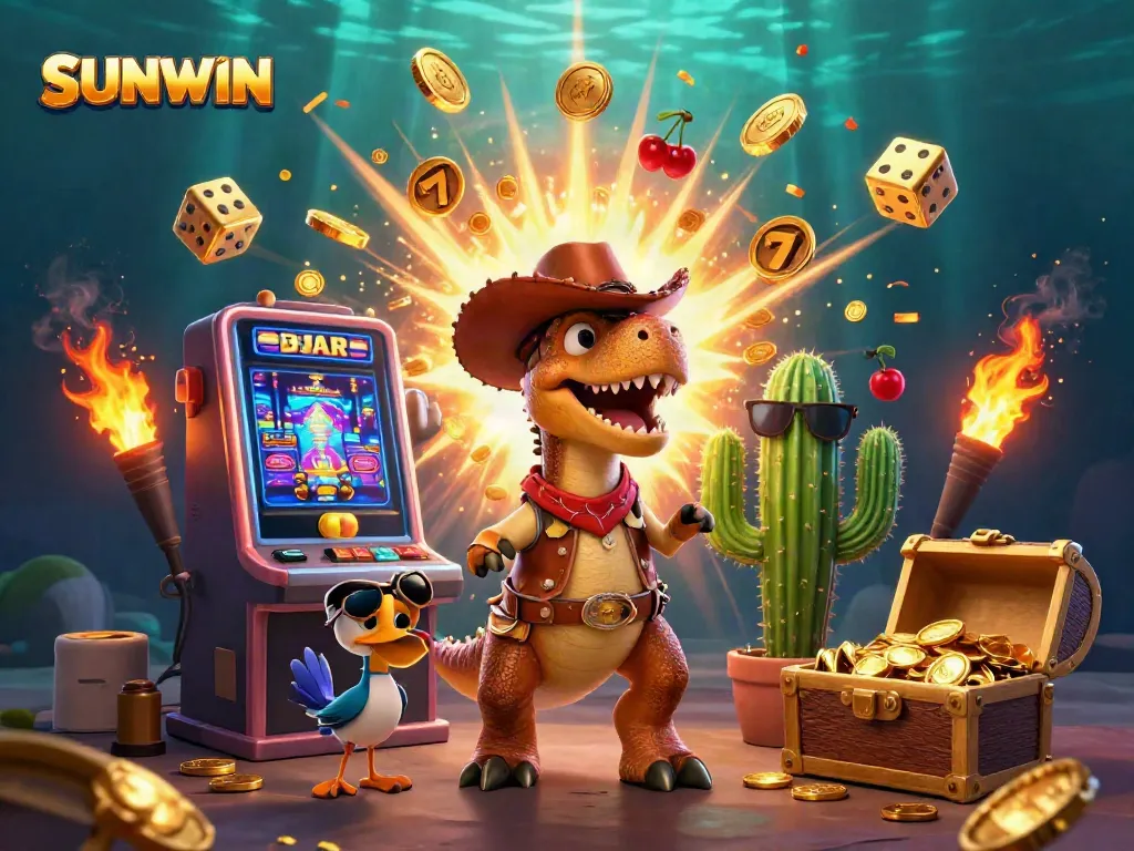SUNWIN players enjoy dynamic wins at a colorful casino featuring vibrant characters and slot machine action.