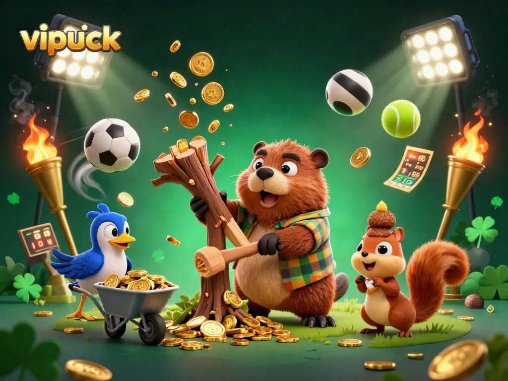 Spin and win at vipluck with an energetic scene featuring a beaver and sports elements.