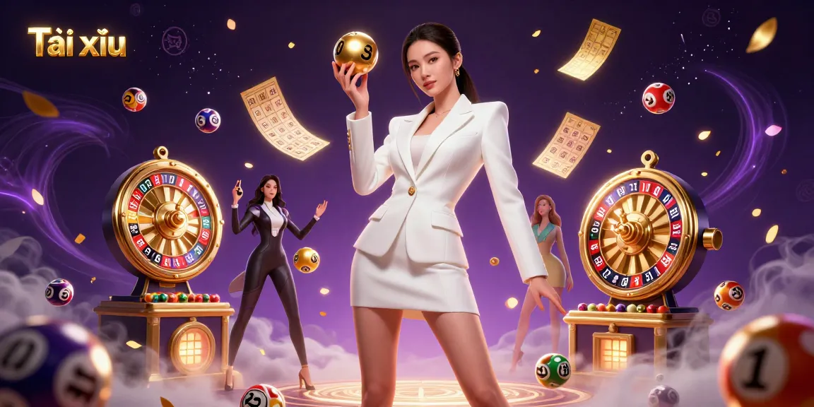 Tài xỉu gameplay showcased by a glamorous Asian woman holding a golden roulette ball in a vibrant casino atmosphere.