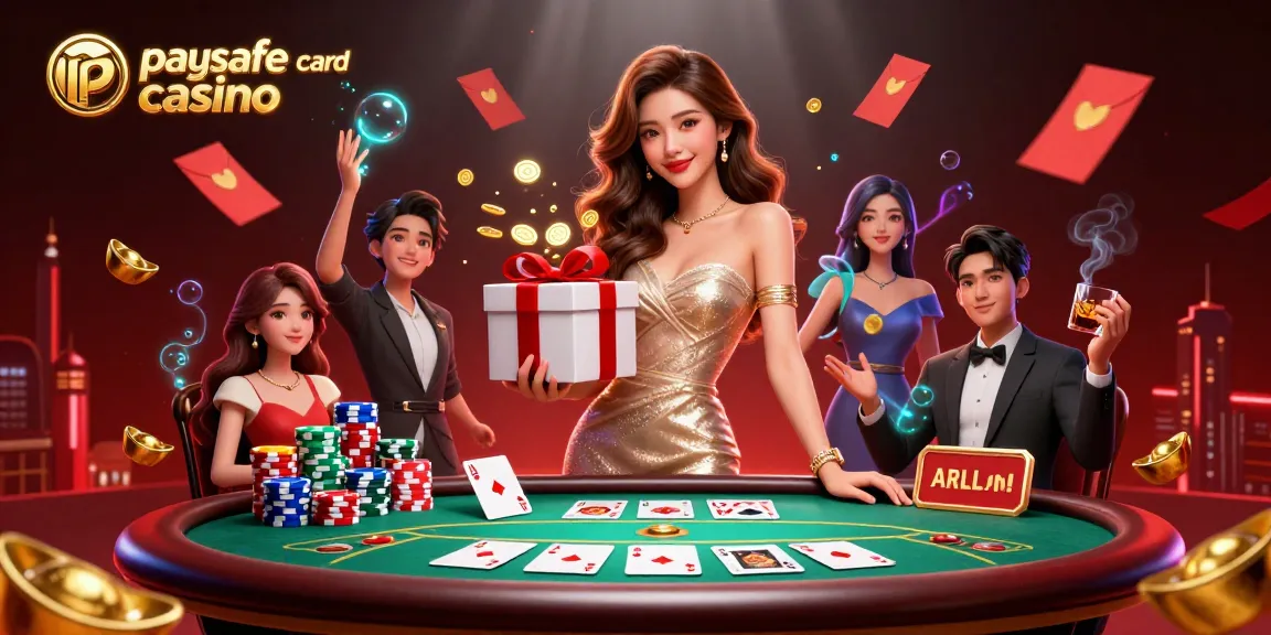 Erleben Sie die lebendige Paysafe Card Casino-Atmosphäre mit goldenen Münzen und festlichen Elementen an jeder Ecke.