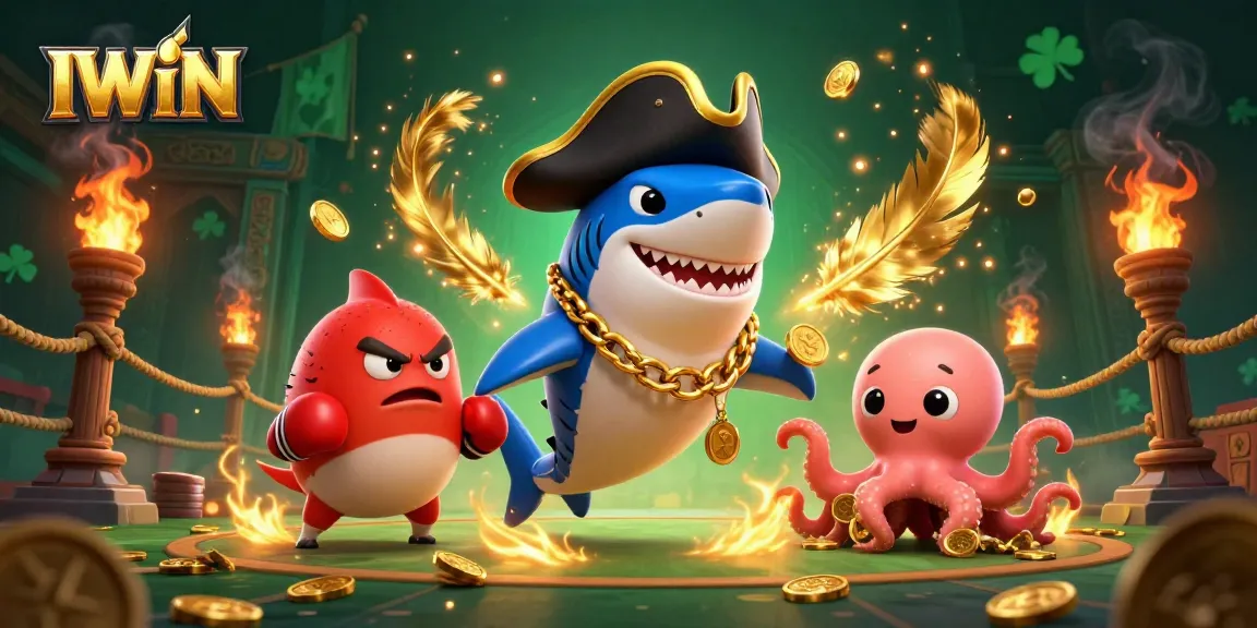 IWIN casino illustration featuring a pirate shark, pufferfish, and octopus in an energetic gaming scene.